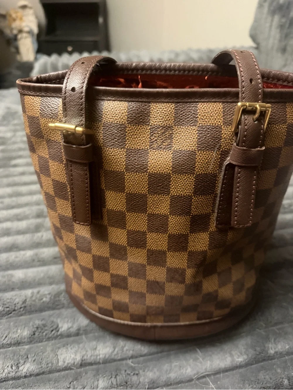 Louis Vuitton Brown Checkered Mini Bucket Tote with Gold Hardware